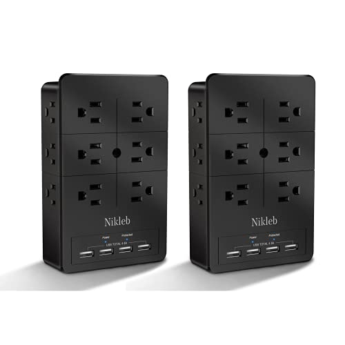 Surge Protector Nikleb, Wall Outlet with 4 USB Ports 5V 4.8A Total, 12 Multi Outlet Extender, Multiple USB Plug Adapter Wall Mount, Phone Chargier Organizer with Phone Holder, Heavy Duty - color: black outlet extender 2pcs