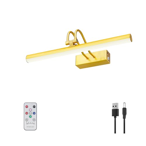 Picture Light, Picture Lights for Wall Cordless, 13inch Picture Lights with Timer and Dimmable, 5000mAh Battery Wall Lights for Display Gallery Painting Art Frame Portrait - Plated Gold, Metal - color: Plated Gold, size: 13"