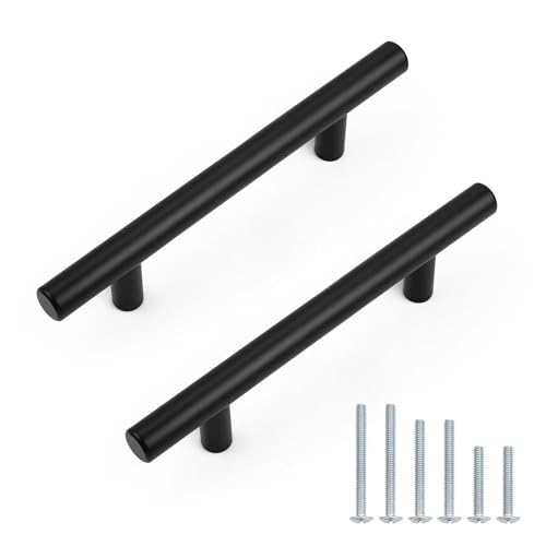 Probrico 5 Pack Holes Spacing(90mm) 3.5inch Flat Black Kitchen Cabinet Handles, Stainless Steel Dresser Drawer Pulls,6inch Length Euro T Bar Pull Handle for Closet - size: Center to Center: 3.5 Inch