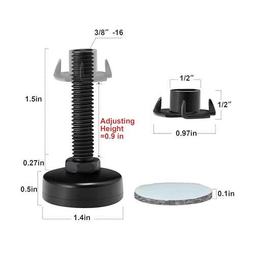 Heavy Duty Furniture Leveling Feet Adjustable Leg Levelers for Tables Chairs Cabinets Sofa, T- Nut Kit 3/8”-16 Thread, Large Base （4 Pack,Black）