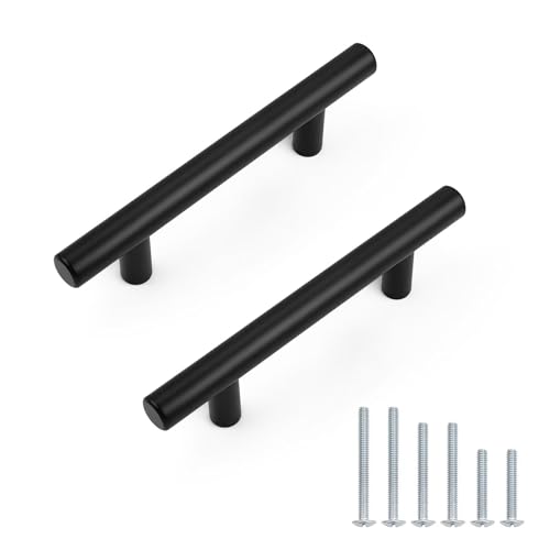 Probrico 5 Pack Hole Centers 3inch Stainless Steel Kitchen Cabinet Pulls,Flat Black Dresser Drawer Handles, 5inch Length Euro T Bar Pull Handle for Home Furnitures - size: Center to Center: 3 Inch