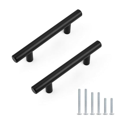 Probrico 5 Pack Hole Centers 3inch Stainless Steel Kitchen Cabinet Pulls,Flat Black Dresser Drawer Handles, 5inch Length Euro T Bar Pull Handle for Home Furnitures - size: Center to Center: 3 Inch