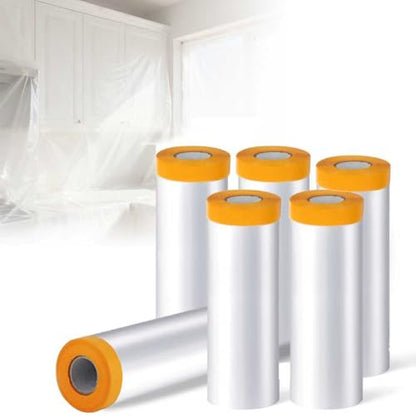 6 Rolls 5 X 65.6 Feet Pre-Taped Masking Film, Tape and Drape Drop Cloth, Plastic Sheeting Drop Cloth for Painting, Automotive Covering and Appliance Protection (5 X 65.6 Feet) - size: 5 X 65.6 Feet