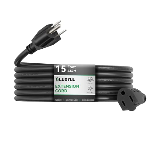 PLUGTUL Outdoor Extension Cord 15 FT Waterproof, 16/3 Gauge Black Heavy Duty 3 Prong Extension Cord, 13A 1625W SJTW, ETL Listed, Great for Garden and Home - size: 15FT