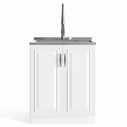 SIMPLIHOME Darwin All-in-One 28 inch Wide Utility Sink and Laundry Cabinet in Pure White Finish, Transitional Stainless Steel Sink Cabinet for Laundry Rooms with High-Arch Pull-Out Faucet and Storage - size: 28 Inch, style: Stainless Steel Sink