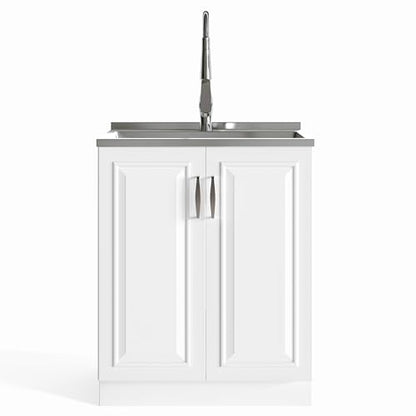 SIMPLIHOME Darwin All-in-One 28 inch Wide Utility Sink and Laundry Cabinet in Pure White Finish, Transitional Stainless Steel Sink Cabinet for Laundry Rooms with High-Arch Pull-Out Faucet and Storage - size: 28 Inch, style: Stainless Steel Sink