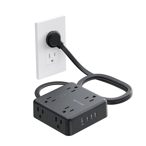 TROND Surge Protector Power Strip, 5FT Flat Plug Extension Cord with 8 Outlets & 4 USB Ports (3 USB C), 1625W, Wall Mount Outlet Extender for Home Office Dorm Room Essentials, Black - color: Black, size: 5FT(8 AC)