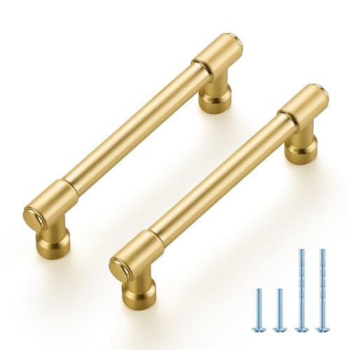 JOY DECOR 2 Pack 3-3/4 Inch Brushed Gold Cabinet Handles Modern Dresser Drawer Pulls Kitchen Cabinet Hardware for Cupboard Door Handles - color: Brushed Gold, size: 3-3/4 In Hole Center