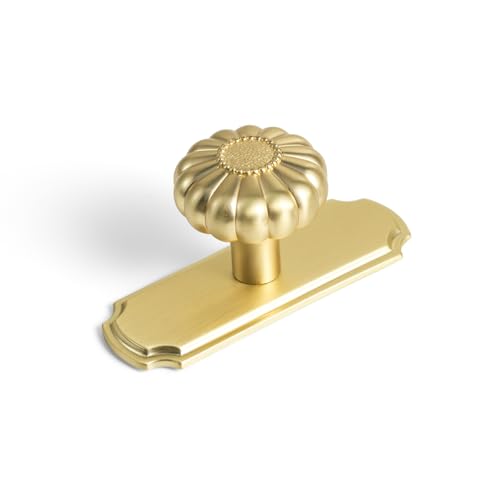 Set of 6 - Elegant Golden Bloom Brushed Brass Cabinet Knobs with Backplate, Drawer Pulls for Kitchen, Dresser Cabinet Hardware for Bedroom, 1-1/4 Inches Diameter Handles - color: Brushed Brass, size: Knob