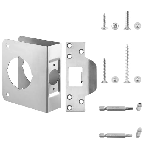 1 Pack MP10852 Stainless Steel Lock and Door Reinforcement Plate for 1-3/8 inch Thick Doors, and Includes an Extra-Long Door Strike Plate Kit. - color: Silver