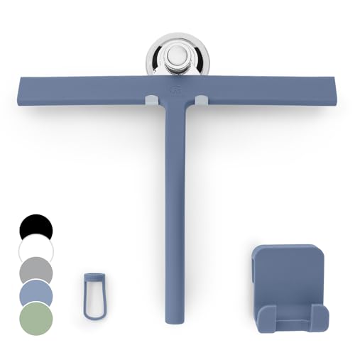 GÜTEWERK Silicone Shower Squeegee for Glass Doors & Mirrors with Stainless Steel Core, Streak-Free & No-Squeak Window Cleaning, 3-in-1 No-Drill Mount (Hook/Suction/Adhesive),Blue, 11 Inches - color: Blue, size: 11 Inches