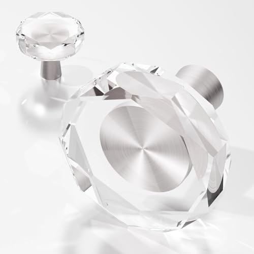 Glass Crystal Clear Brushed Nickel 4 Pack Drawer Dresser Kitchen Cabinet Knobs Cabinets Pulls Knob, Solid Base Cupboard Closet Drawers Hardware Handles, Bathroom Bedroom Pull Satin Brass Knobs - color: Nickel-4 pack, size: Octagon