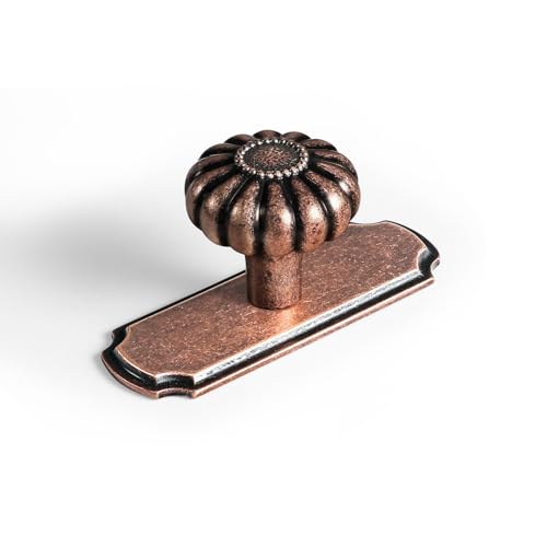 Set of 6 - Elegant Vintage Bloom Antique Copper Cabinet Knobs with Backplate, Drawer Pulls for Kitchen, Dresser Cabinet Hardware for Bedroom, 1-1/4 Inches Diameter Handles - color: Antique Copper, size: Knob