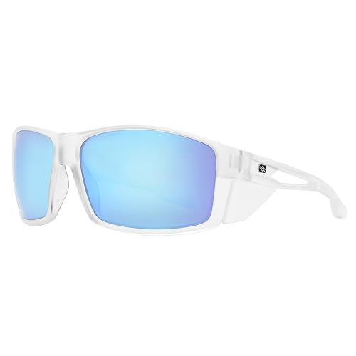 Z87 Polarized Safety Sunglasses, UV400 Wraparound Work Glasses,Protective Shades for Men Women Driving Cycling - color: Matte Clear Blue Mirror
