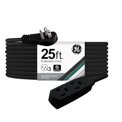 GE 3-Outlet Flat Extension Cord 25 Ft Grounded Extension Cord with Multiple Outlets 3 Prong Outlet Extender Flat Plug Power Strip Indoor Extension Cord 16 Gauge UL Listed Black 69921 - color: Black, size: 25 Ft