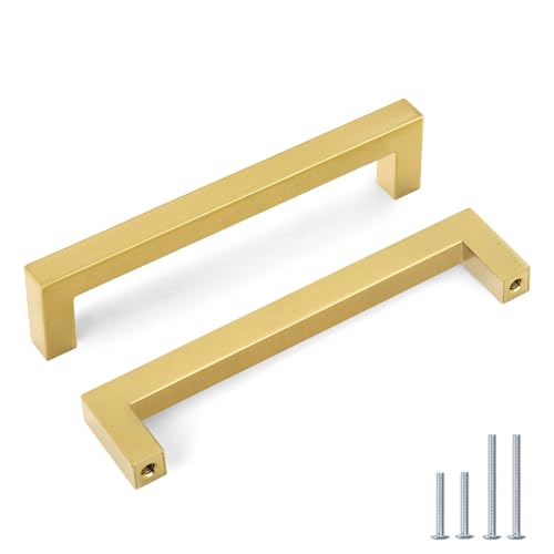 Goldenwarm 5 Pack 6-1/4 inch Gold Cabinet Pulls Brushed Brass Drawer Handles Modern Square Stainless Steel Hardware Pull for Kitchen Cupboard Dresser - color: Gold, size: 6 1/4 Inch Hole Center