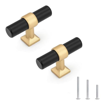 5Pack Single Hole Black Cabinet Knobs with Gold Champagne Base T Shaped Dold Kitchen Cabinet Knobs Hardware Pull Knob for Cabinets and Drawers 50mm Total Length - color: Black with Champagne Gold Base, size: Single Hole-2inch Length