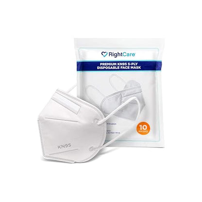 RightCare KN95 Protective Face Mask (Non-Medical) with Ear Loops and Shapeable Nose Bridge, Universal Size 10ct Pack