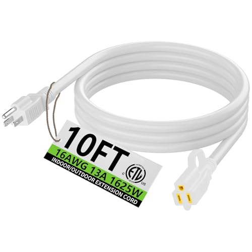 HUANCHAIN Indoor Outdoor White Extension Cord 10 ft Waterproof, 16/3 Gauge Flexible Cold-Resistant Appliance Extension Cord Outside, 13A 1625W 16AWG SJTW, 3 Prong Electric Cable, ETL - color: White, size: 10 FT, style: 16/3 Extension Cord