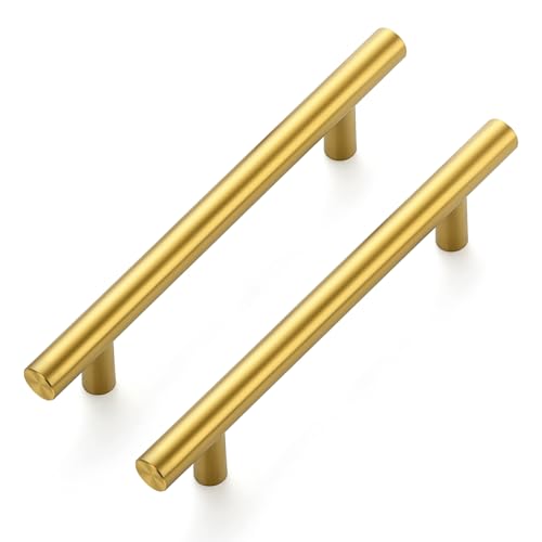 10 Pack Cabinet Handles with 3.75 Inch (96mm) Hole Center Brushed Brass Cabinet Pulls Stainless Steel Drawer Pulls, Kitchen Knobs for Dresser Drawer, 6 Inch Overall Length - color: Brushed Brass T-Shaped, size: 3-3/4" Hole Center