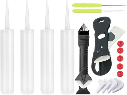 4 Pack Empty Caulking Sealant Tubes - 10 Oz Capacity Each, with 3-in-1 Silicone Scraper, 5 Caps, 2 Nozzle Cleaners, Multifunctional Cutter for Standard Caulking Guns