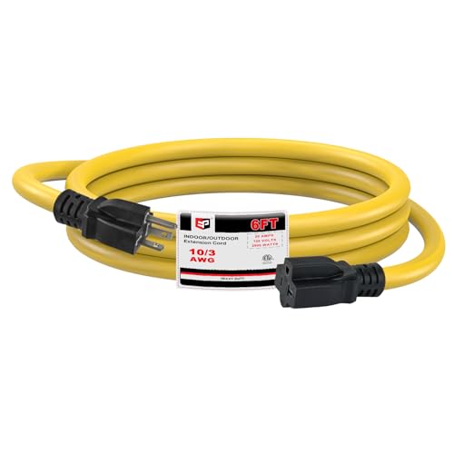 EP 6 Ft 10 Gauge Outdoor Extension Cord with T-Blade Plug, Heavy Duty NEMA 5-20 P/R Power Cord, 20A 250V 10/3 STW Cable for Lawn, Garden, Appliance, Yellow - size: 6ft