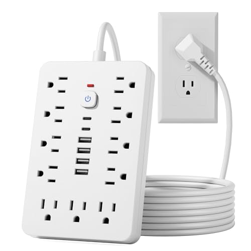 JouleLoom 15 FT Flat Plug Surge Protector Power Strip,11 Multiple AC Outlets with 6 USB Ports (2 USB C), 15 Feet Extension Cord, 1250W/10A, One Touch Switch Button, White - color: White, size: 15FT