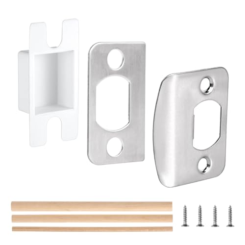 1 Set Door Strike Plate, Standard Door Latch Restorer with Spacer Shim & Dust Box Stainless Steel Security Door Lock Strike Plate Replacement Repair Kits with Screws