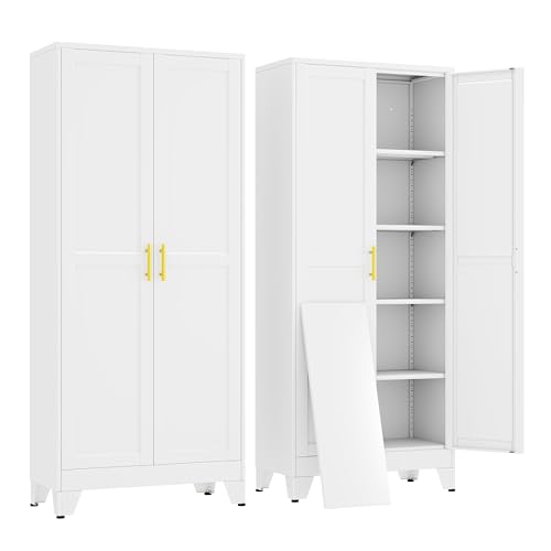 erosoei 71" H Metal Garage Storage Cabinet, Metal Pantry Cabinet with 2 Doors, Locker Steel Cabinet with 4 Adjustable Shelves, Freestanding Cupboard for Garage,Office,Home,Gym,School - color: White, size: 71"No wheels, no locks