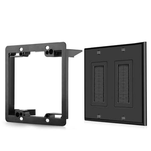 TNP Brush Wall Plate with Mounting Bracket Kit Double 2 Gang Cable Entry Access Brush Bristles Style Strap Opening Port Insert Socket Wiring Plug Jack Decorative Face Cover Outlet Mount Panel (Black) - color: Black, size: 2 Gang (1 Pack)