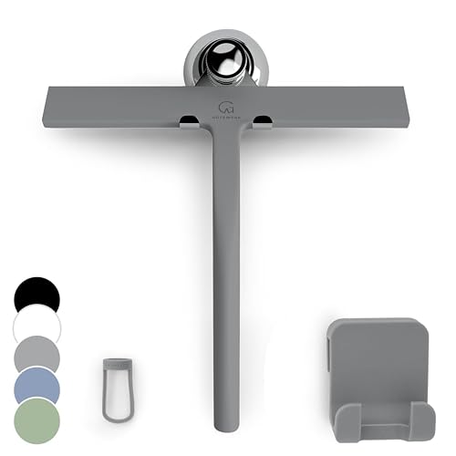 GÜTEWERK Silicone Shower Squeegee for Glass Doors & Mirrors with Stainless Steel Core, Streak-Free & No-Squeak Window Cleaning, 3-in-1 No-Drill Mount (Hook/Suction/Adhesive),Gray, 9 Inches - color: Gray, size: 9 Inches