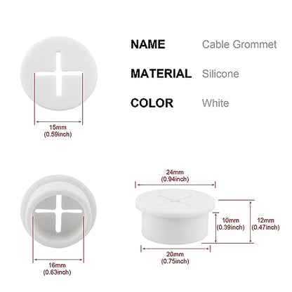 Desk Grommet,3/4 Inch Flexible Rubber Grommets, Silicone Cable Cord Grommet Wire Hole Cover for Desk, Table and Other Furnitures(12Pack) - size: 3/4IN/20mm White