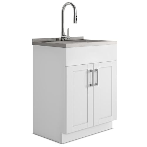 SIMPLIHOME Modern Wide Shaker All-in-One 28 inch Wide Utility Sink and Laundry Cabinet in Pure White Finish, Transitional Stainless Steel Sink Cabinet for Laundry Rooms with High-Arch Chrome Faucet - color: White, size: 28 Inch