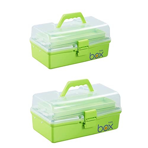 Kinsorcai 2PCS 12'' Three-Layer Clear Plastic Storage Box/Tool Box, Multipurpose Organizer and Portable Handled Storage Case for Art Craft and Cosmetic (Green) - color: green, size: 2PCS