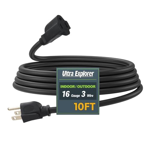 10 Ft Indoor Outdoor Black Extension Cord, 16/3 SJTW Heavy Duty Water-Resistant, 3 Prong Grounded Plug Power Cord for Home Appliance, Lights and Lawn, 13A 1625W, UL Listed - color: Black, size: 10', style: No Lighted