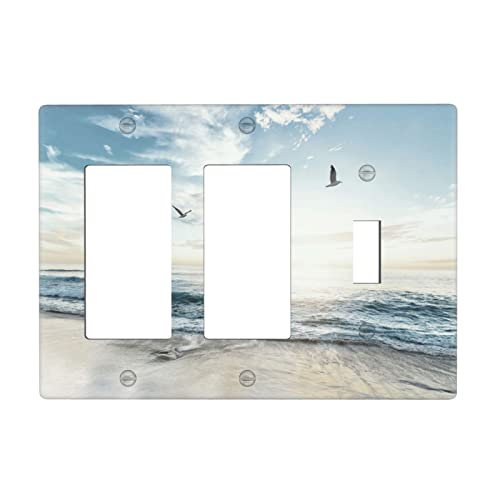 Beach Ocean Scenery Combination Wall Plate, 3 Gang 2 Rocker 1 Toggle Light Switch Cover Decorator Switch Plate Outlet Cover, 4.50 x 6.38 Inch - color: 2 Rocker 1 Toggle Wall Plate