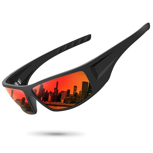 Polarized Sports Sunglasses for Men Women Unbreakable Frame Cycling Fishing Wrap Around Sunglasses UV400 Protection - color: 1-black Frame/Red Mirror Lens