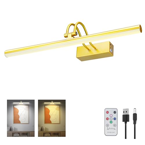 Picture Light, Picture Lights for Wall Cordless,16inch Picture Lights with Timer and Dimmable, 5000mAh Battery Wall Lights for Display Gallery Painting Art Frame Portrait - Plated Gold, 2 Color - color: Plated Gold, size: 16"-2color