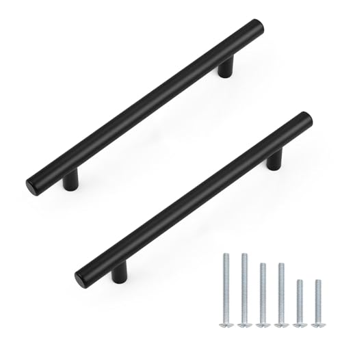 Probrico 5 Pack Hole Centers(160mm) 6.25inch Matte Black Kitchen Cabinet Handles,Stainless Steel Dresser Drawer Pulls, 8.8inch Length Pull Handle for Cabinets - size: Center to Center: 6-1/4 inch