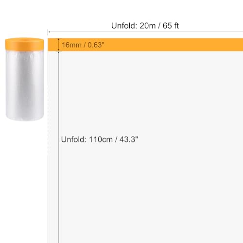 uxcell Pre-Taped Masking Film, 43.3 in x 65 Ft, Plastic Drop Cloth with Medium-Tack Painters Tape for Painting Protection - size: 43.3 in x 65 Ft