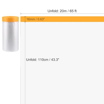 uxcell Pre-Taped Masking Film, 43.3 in x 65 Ft, Plastic Drop Cloth with Medium-Tack Painters Tape for Painting Protection - size: 43.3 in x 65 Ft