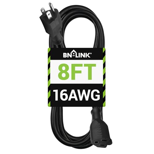 BN-LINK 8 ft Indoor/Outdoor Extension Cord 16/3 SJTW, Black, Water & Weather Resistant, 3-Prong Grounded Plug for Landscaping & Holiday Decorations, Home & Office, 13A ETL - color: Black, size: 8ft