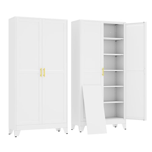 erosoei 75" H Large Metal Garage Storage Cabinet, Metal Pantry Cabinet with 2 Doors, Locker Steel Cabinet with 5 Adjustable Shelves, Freestanding Cupboard for Garage,Office,Home,Gym,School - color: White, size: 75"Large No wheels, no locks