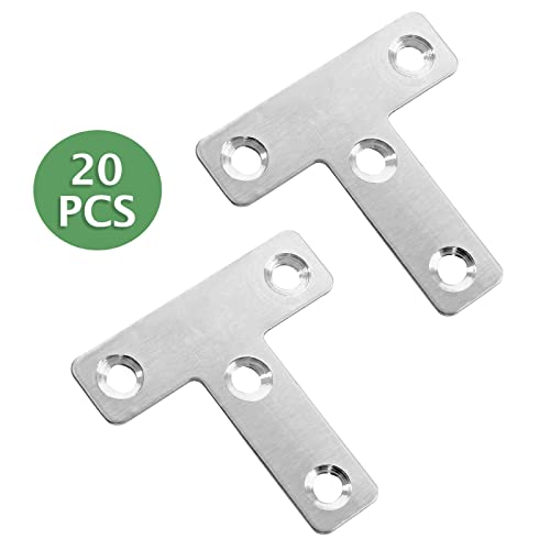 Uenhoy 20 Pcs T Shape Flat Mending Plates 50mm x 50mm (2" x 2") T Corner Braces T Bracket Connector Fixing Repair Plates for Furniture, Silver - size: 50x50mm/2"x2", style: T Shape