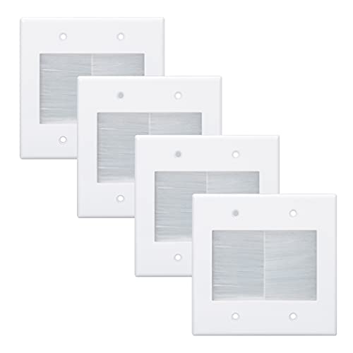 2 Gang Brush Wall Plate White, Double Gang Cable Management Kit for Power Cords and Low Voltage Cables in-Wall Pass Through (Pack of 4)… - color: White, 4 Pack, Wall Plate Cover