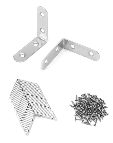 QWORK Stainless Steel L Brackets for Wood, 40Pcs 16x50mm Corner Brace with Screws, 90 Degree L Shaped Brackets for Furniture Fixation