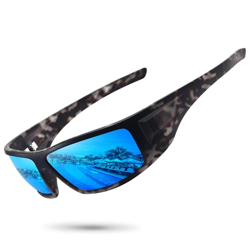 Polarized Sports Sunglasses for Men Women Unbreakable Frame Cycling Fishing Wrap Around Sunglasses UV400 Protection - color: 1-gray Striae Frame/Blue Mirror Lens