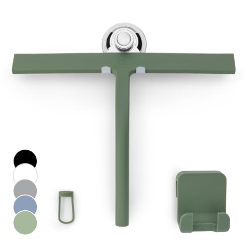 GÜTEWERK Silicone Shower Squeegee for Glass Doors & Mirrors with Stainless Steel Core, Streak-Free & No-Squeak Window Cleaning, 3-in-1 No-Drill Mount (Hook/Suction/Adhesive),Green, 11 Inches - color: Green, size: 11 Inches
