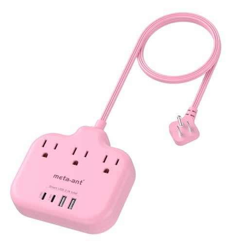 Pink Extension Cord with 3 AC Outlets & 4 USB Ports (2 USB-C), Pink Desk Accessories, 1625W Cute Extension Cord for Travel Curise Kawaii Desk Office Bedroom Accessories - color: Pink, size: 5FT