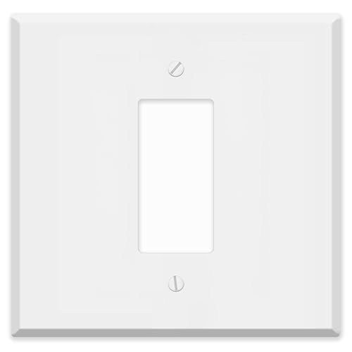 Oversized White Metal Outlet Covers, 2 Gang With Single Rocker Switch, 5.5" x 5.5" Jumbo GFCI Wall Plate, Centered Decorator Wall Plate, White Painted Metal, Corrosive Resistant - color: White Metal, size: 2-gang Centered Rocker